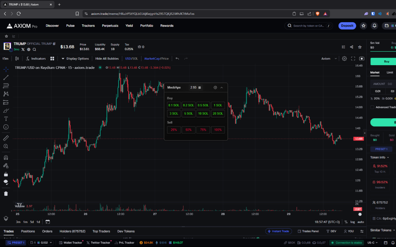 MockApe paper trading interface on Axiom platform